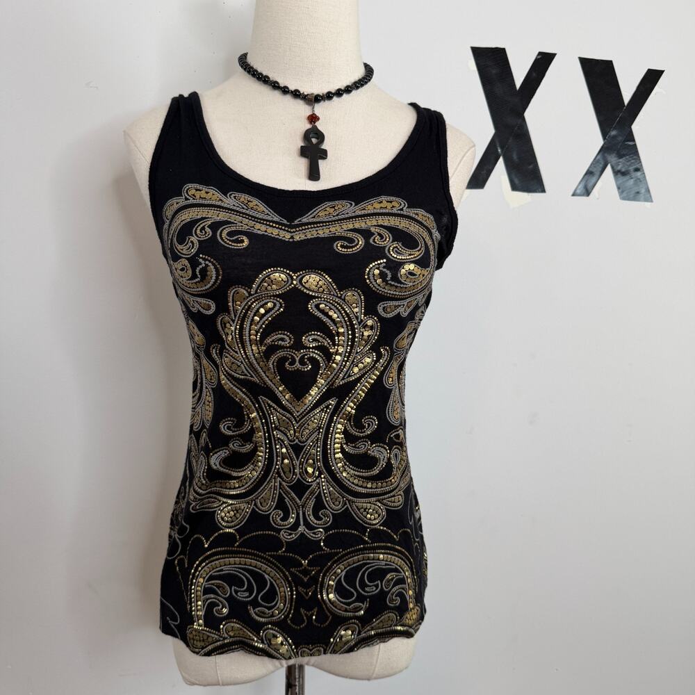 Vintage Y2K Wet Seal Black Gold Foil Baroque Print Going Out Tank Rare S